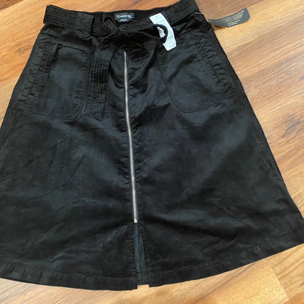 Bebe Black Corduroy A-Line Skirt w Front Zip, Pockets and Tie Belt Size 10 NWT - Picture 9 of 13